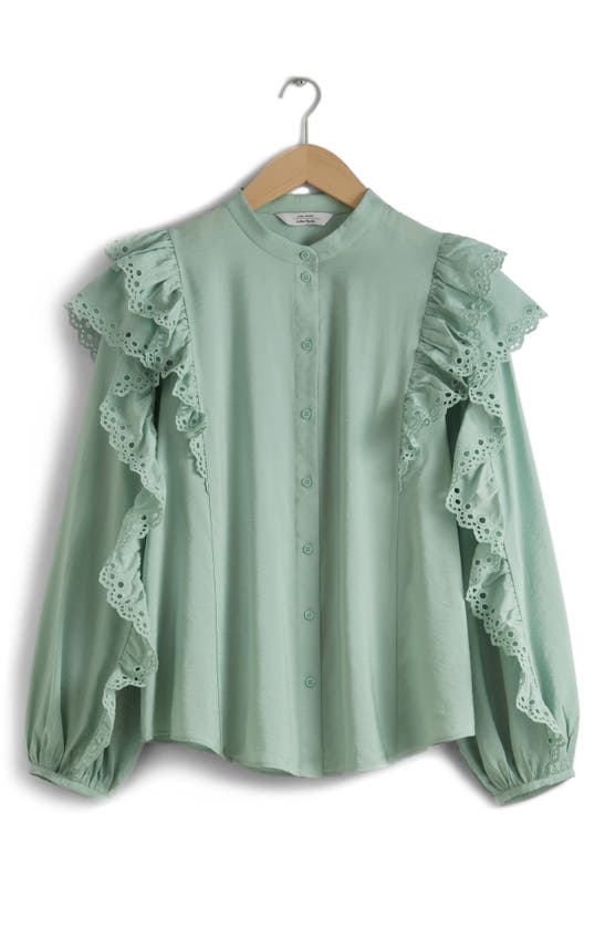 Shop & Other Stories Ernestine Eyelet Ruffle Button-up Shirt In Green Dusty Light