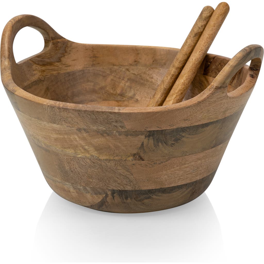 Picnic Time Ciotola Wood Salad Bowl & Servers In Brown