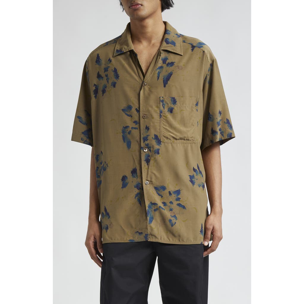 Lemaire The Summer Oversize Floral Print Camp Shirt In Khaki/ink