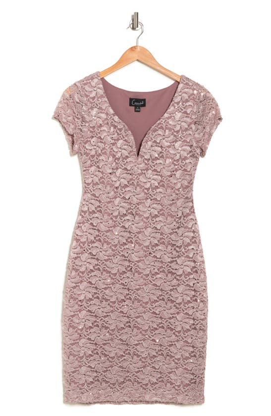 Connected Apparel Sweetheart Neck Sequin Lace Cocktail Dress In Dusty Rose