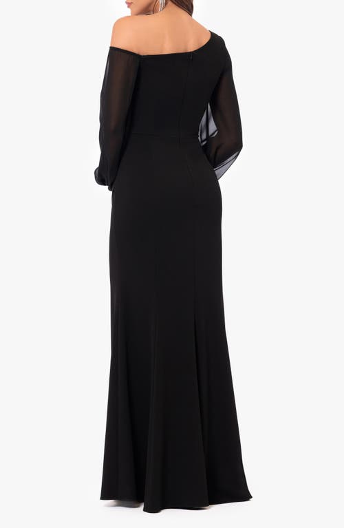 Betsy & Adam Petite One-shoulder Sheer-sleeve Evening Gown In Black