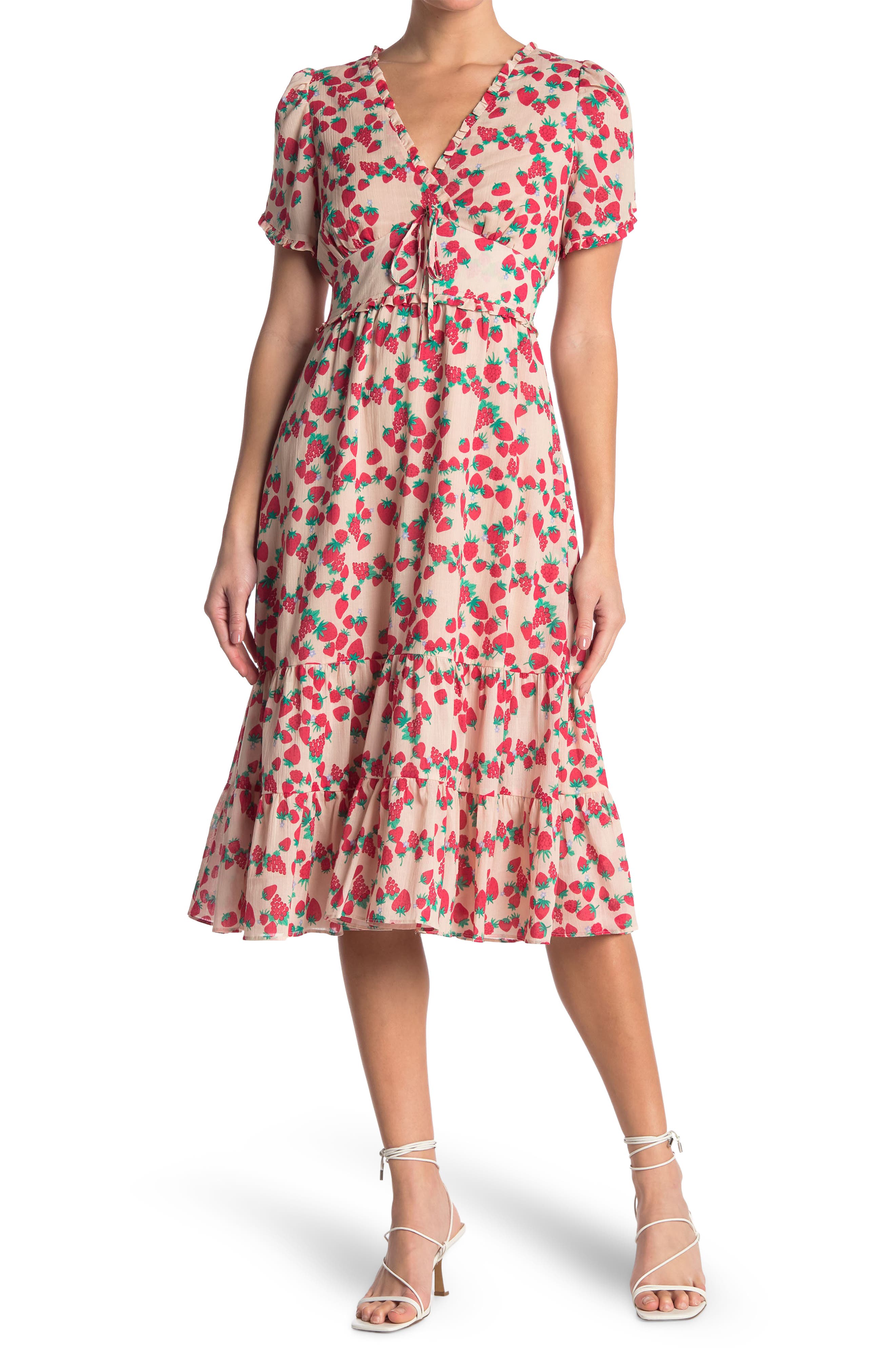 Betsey Johnson Strawberry Print Short Sleeve Midi Dress In Pearl Blush ...