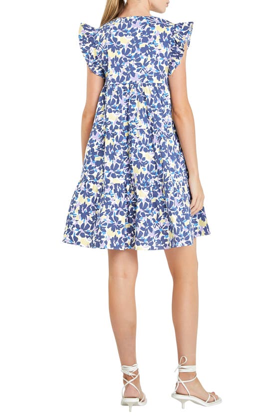 Shop English Factory Floral Ruffle Cap Sleeve Babydoll Minidress In Blue Multi