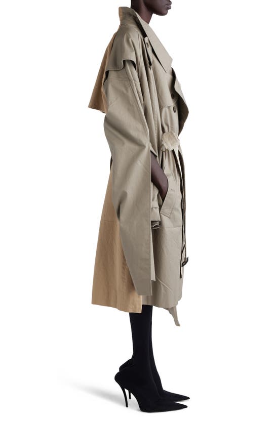 Shop Balenciaga Double Sleeve Mixed Media Trench Coat In Beige