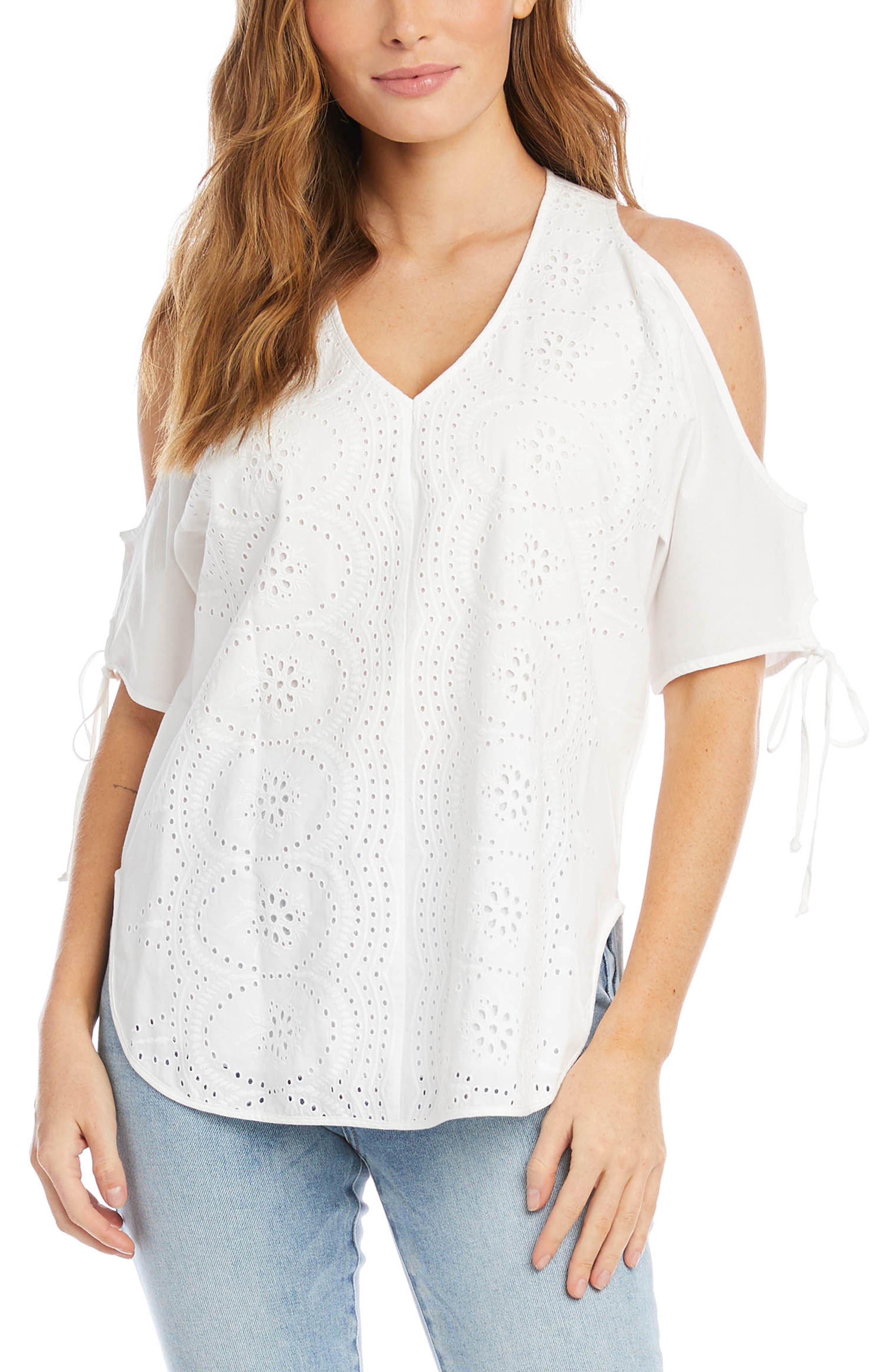 white eyelet cold shoulder top