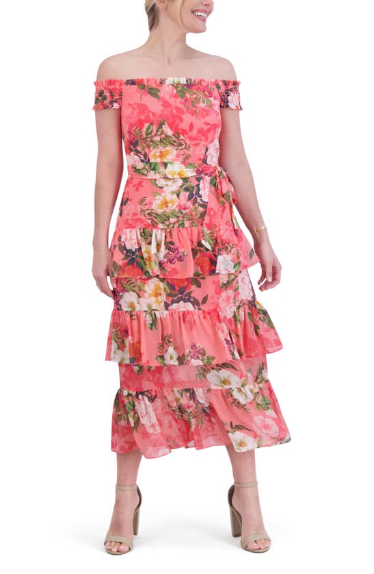 Shop Eliza J Floral Off The Shoulder Tiered Midi Dress In Coral