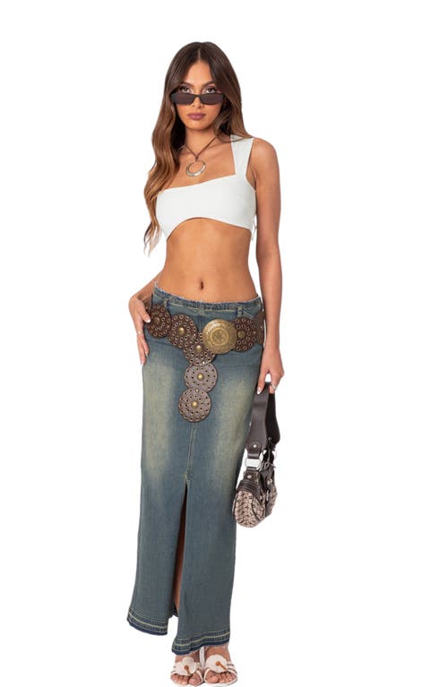 Shop Edikted Lexy Release Hem Stretch Cotton Denim Maxi Skirt In Blue-washed