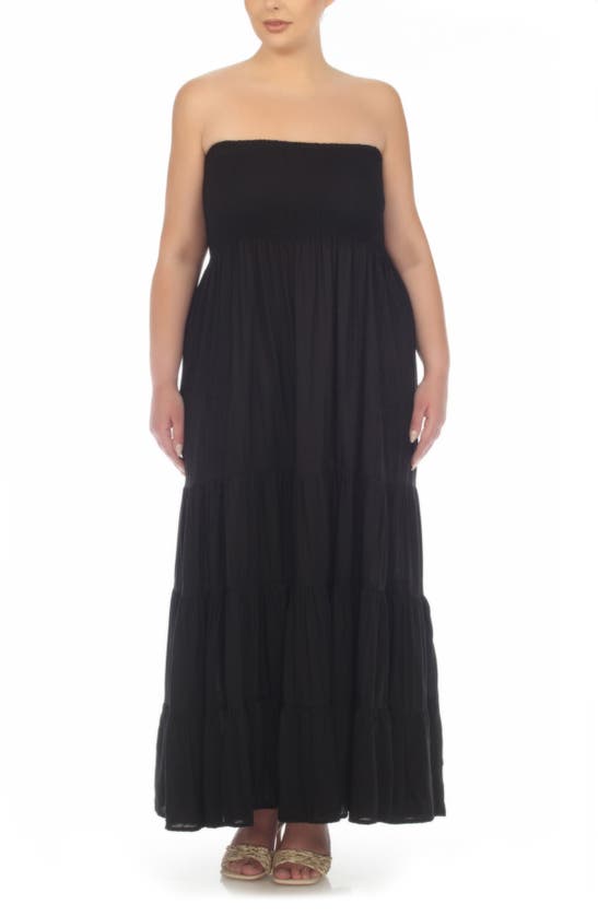 Shop Boho Me Strapless Tiered Maxi Dress In Solid Black