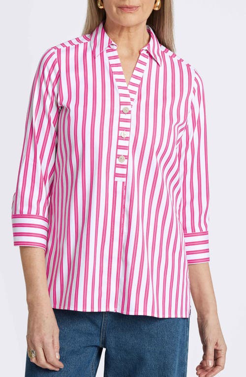 Shop Foxcroft Pamela Stripe Cotton Blend Tunic Shirt In Ruby Pink/white