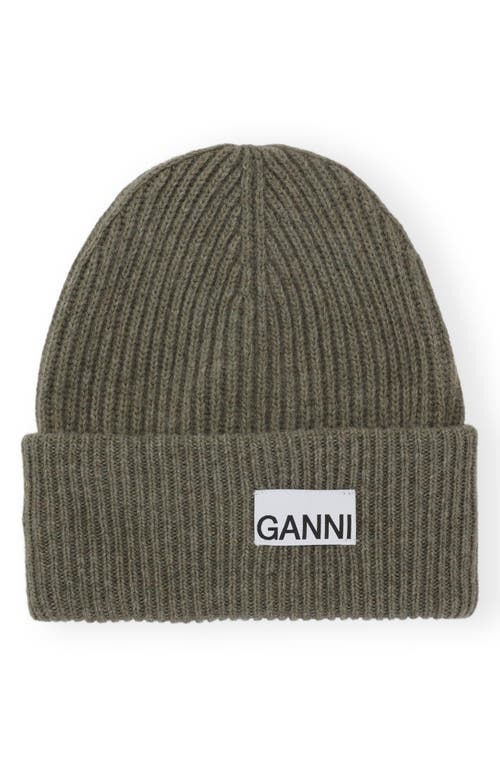 Ganni Structured Wool Blend Rib Beanie in Dusty Olive at Nordstrom
