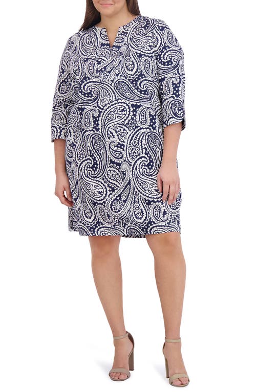 Foxcroft Vena Paisley Print Cotton Shift Dress In Navy/white