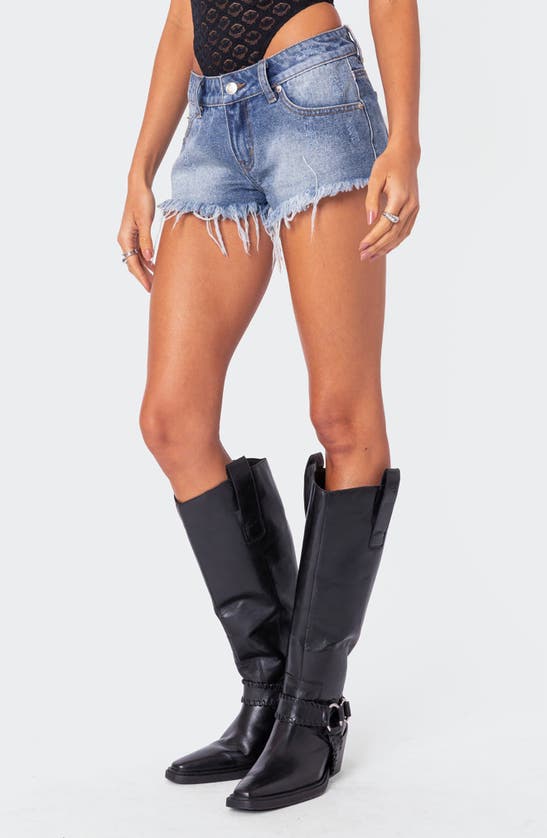 Edikted Erika Low Rise Frayed Denim Shorts In Blue