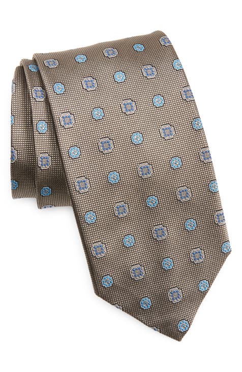 Printed Blue Silk Tie Brown and White Pattern Exclusive Texture