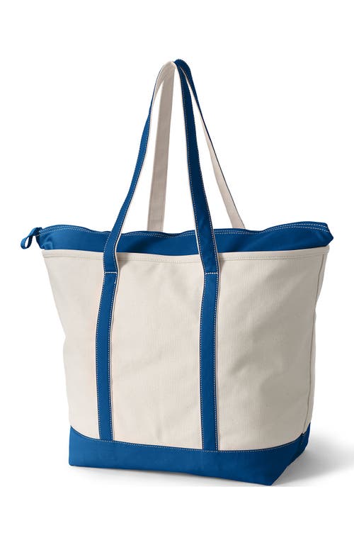 Lands' End Zip Top Long Handle Canvas Tote Bag In Natural/beacon Blue