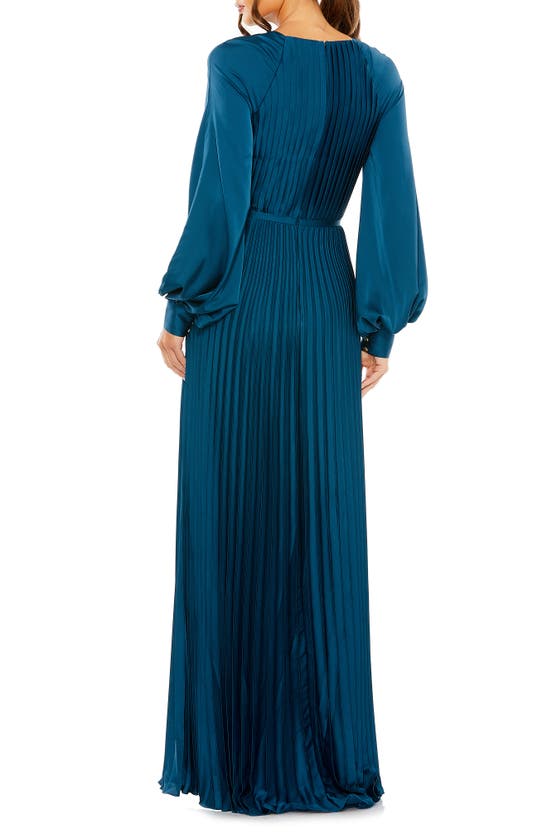Shop Ieena For Mac Duggal Pleated Long Sleeve Satin A-line Gown In Peacock