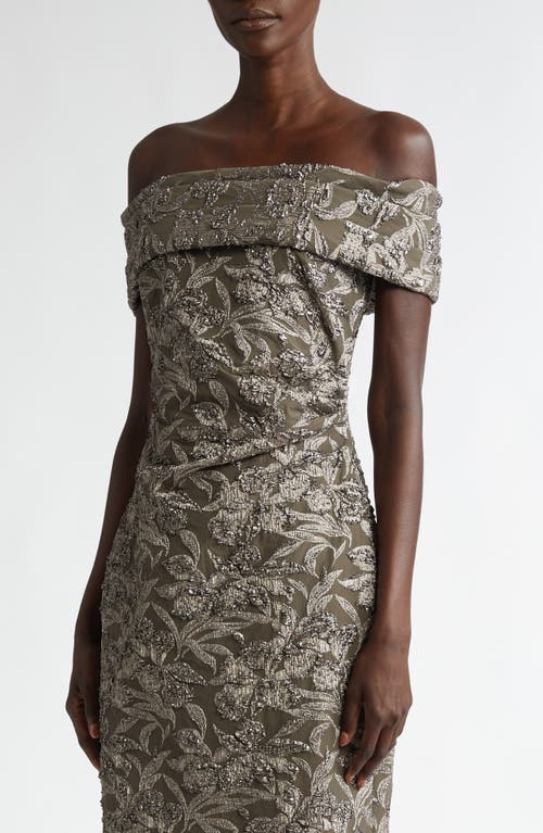 Shop Oscar De La Renta Orchid Metallic Jacquard Off The Shoulder Cocktail Dress In Truffle/brass