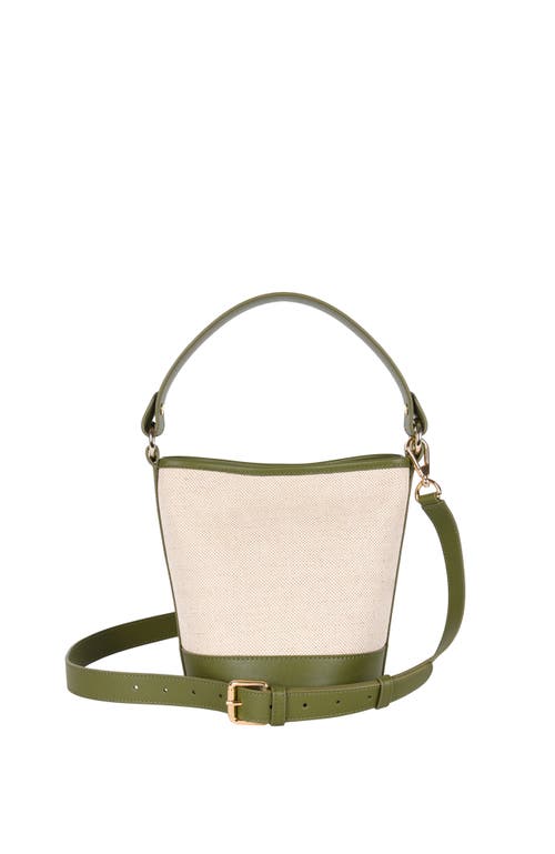 Shop Hyer Goods Canvas And Upcycled Leather Convertible Mini Bucket Bag In Linen/olive