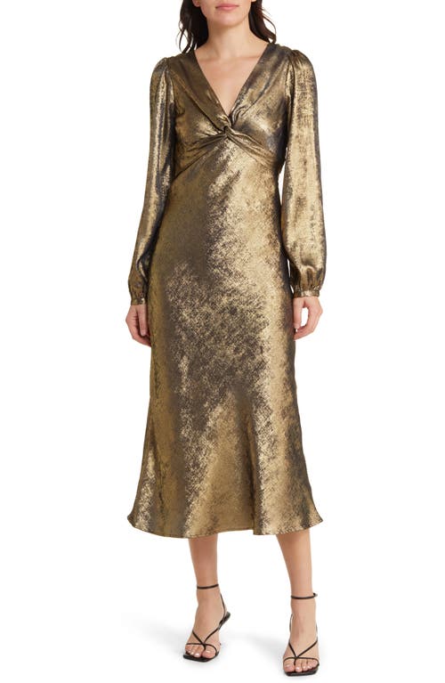 Lost + Wander Margaux Long Sleeve Midi Dress in Gold Navy
