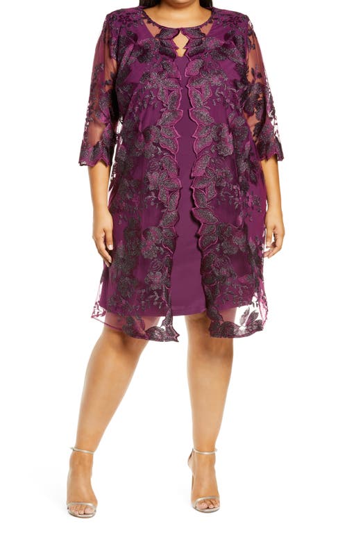 Alex Evenings Embroidered Lace Mock Jacket Cocktail Dress in Navy