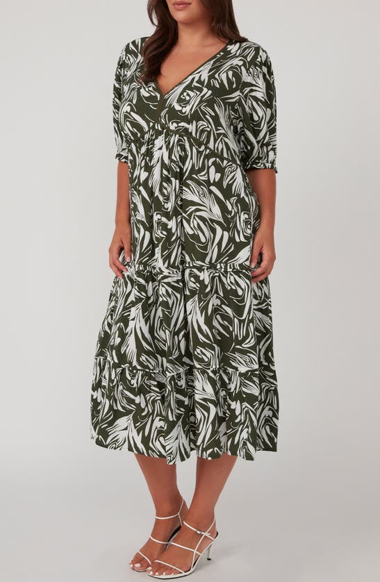 Shop Estelle Abstract Print Empire Waist Midi Dress In Olive/ Milk