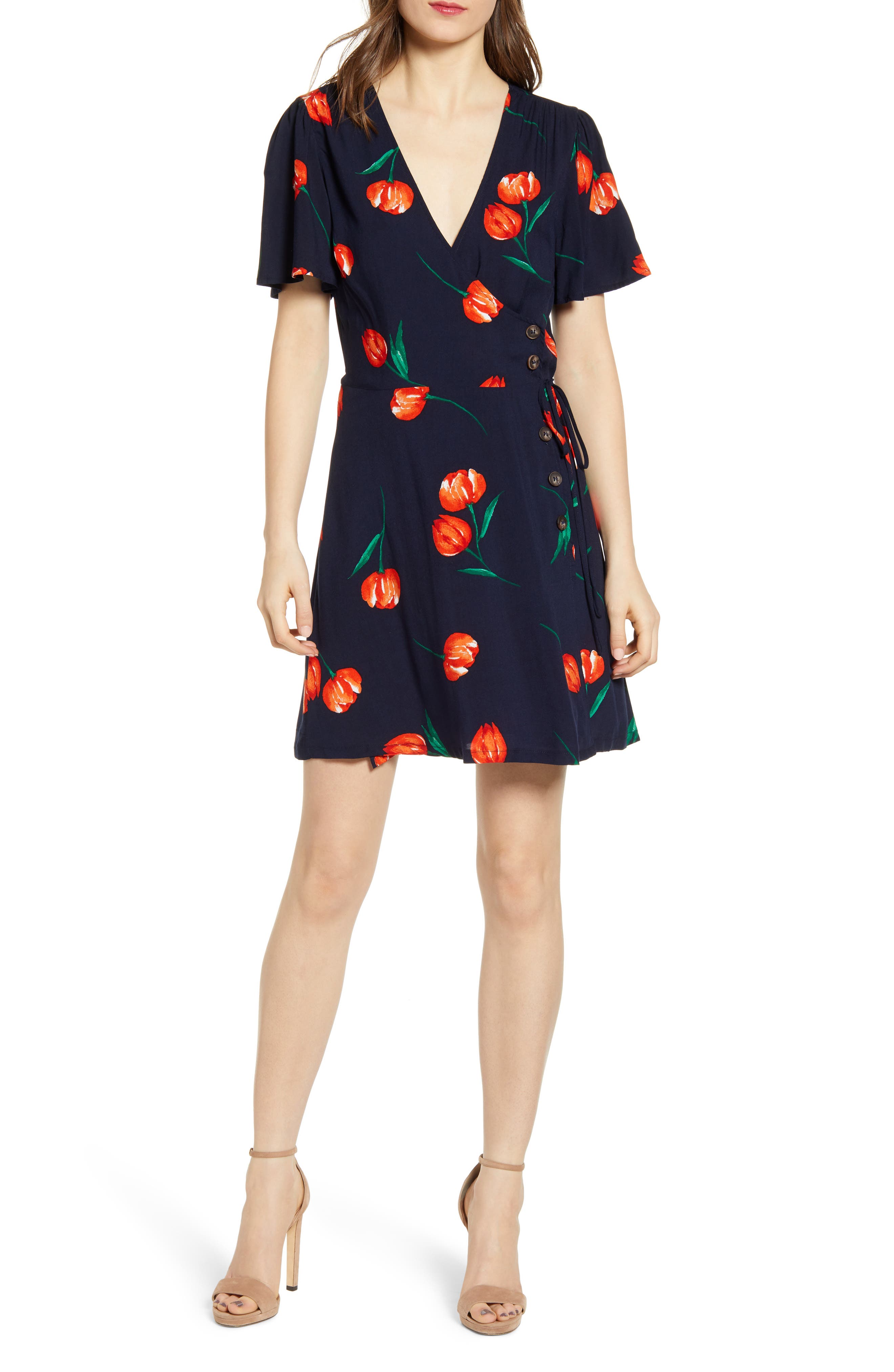 All In Favor Button Front Wrap Dress, Blue