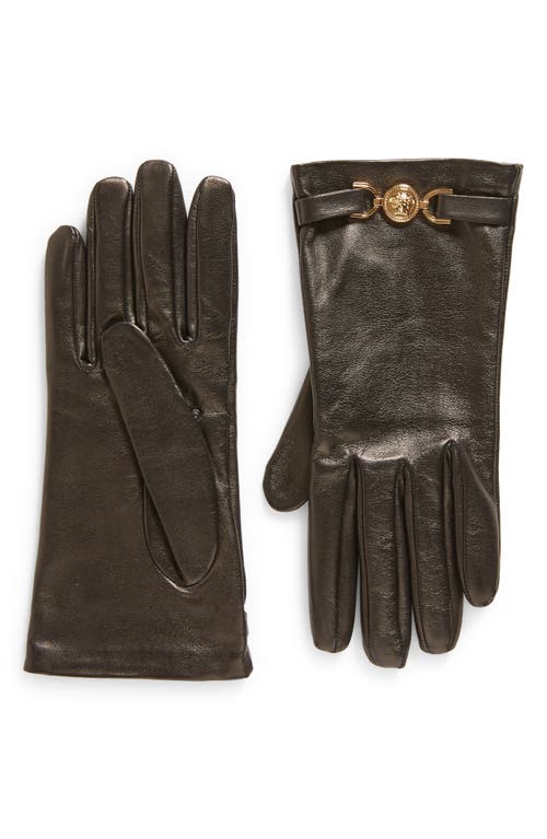 Shop Versace La Medusa Silk Lined Leather Gloves In Black/gold