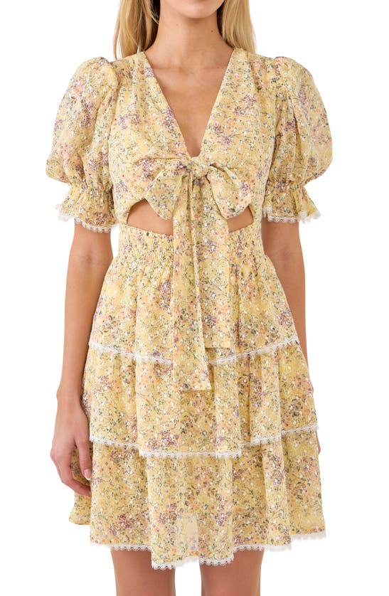 Free The Roses Floral Puff Sleeve Cutout Minidress In Yellow