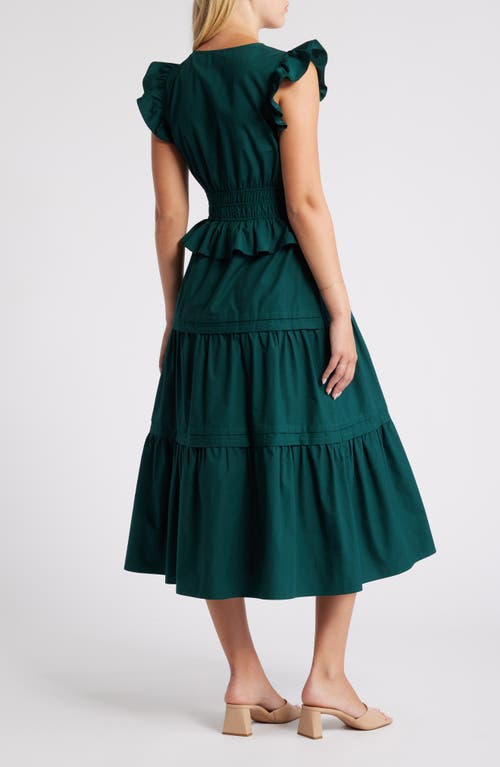 Shop Moon River Flutter Sleeve Tiered Cotton Dress In Dark Green