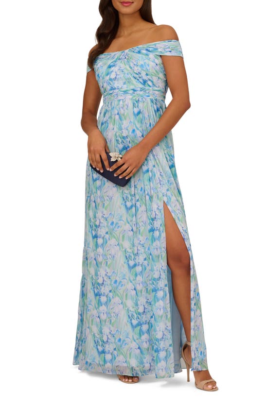 Adrianna Papell Off The Shoulder Chiffon Gown In Blue Multi