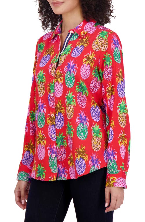 Shop Foxcroft Zoey Pineapple Print Cotton Button-up Shirt In Red/multi