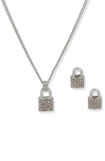 Shop Dkny Padlock Pendant Necklace & Earrings Set In Rhodium/crystal