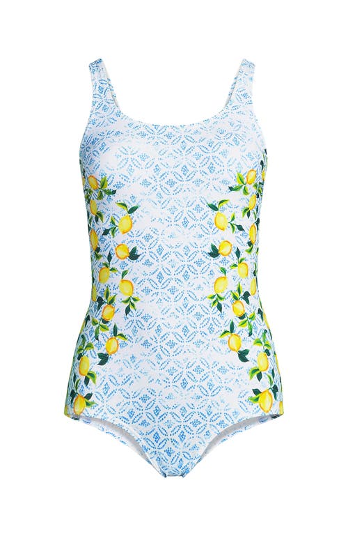 Shop Lands' End Scoop Neck Tugless Sporty One Piece Swimsuit In White Batik Lemons Placement