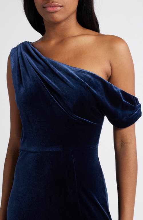 Shop Lulus Coveted Confidence One-shoulder Velvet Gown In Navy