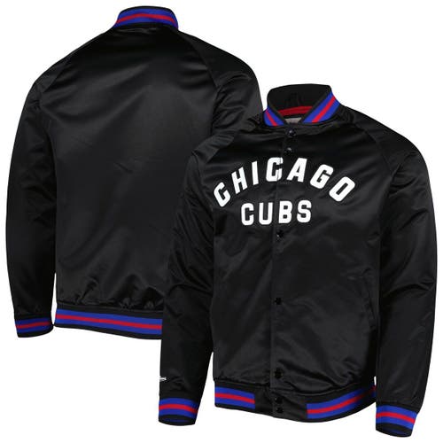 Men's Mitchell & Ness Black Chicago Cubs Satin Raglan Full-Snap Varsity Jacket