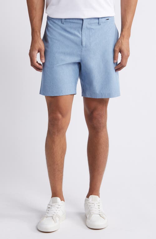 Shop Zella 7-inch Flat Front Stretch Chambray Shorts In Blue Coronet