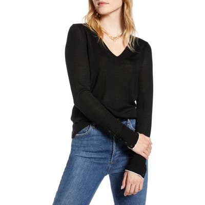 1901 V-Neck Merino Wool Blend Sweater, Black