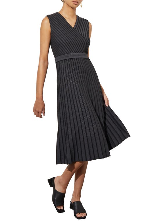 Ming Wang Stripe Sleeveless Midi Sweater Dress In Black