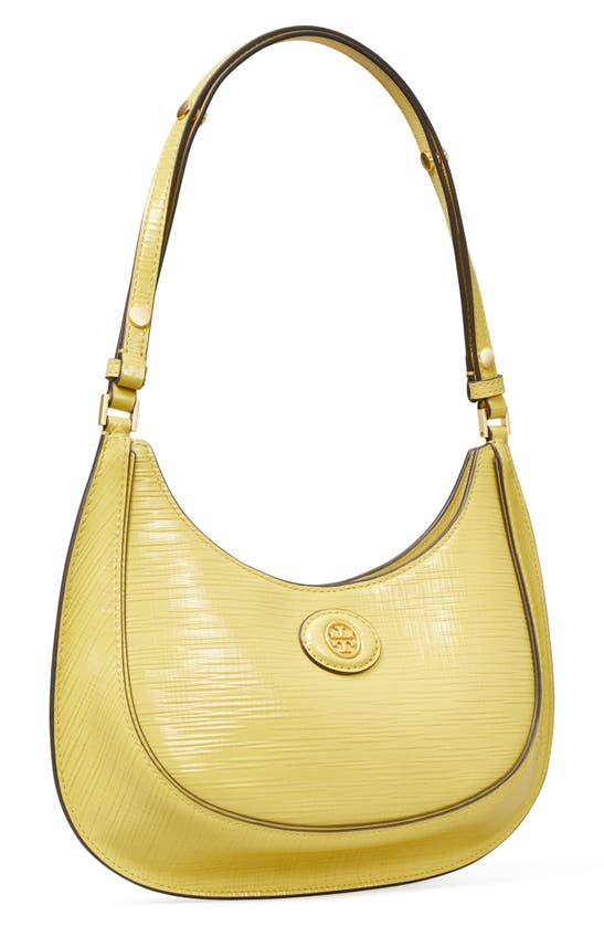 Shop Tory Burch Robinson Crosshatched Leather Convertible Crescent Bag In Pale Butter