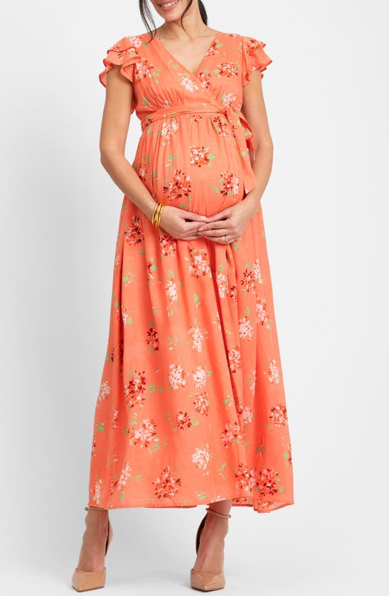 Shop Seraphine Flutter Sleeve Faux Wrap Maternity Dress In Coral Print