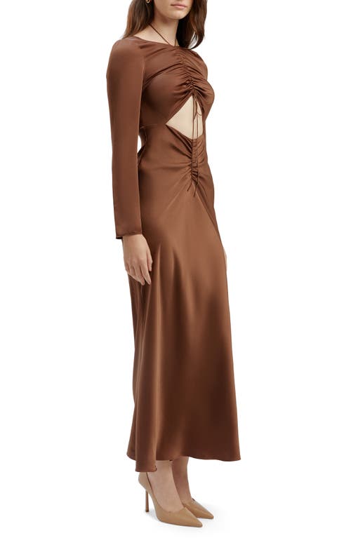 Shop Bardot Daring Ruched Long Sleeve Cutout Midi Dress In Chocolate