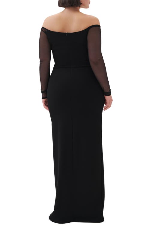 Marcella Marian Off The Shoulder Mesh Long Sleeve Gown In Black