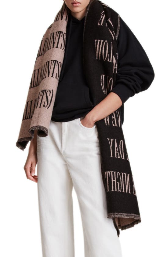 Shop Allsaints Varsity Woven Wool Blend Scarf In Blush Black