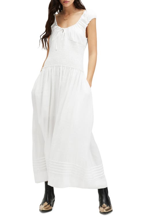 AllSaints Eliza Smocked Bodice Maxi Dress in Chalk White 