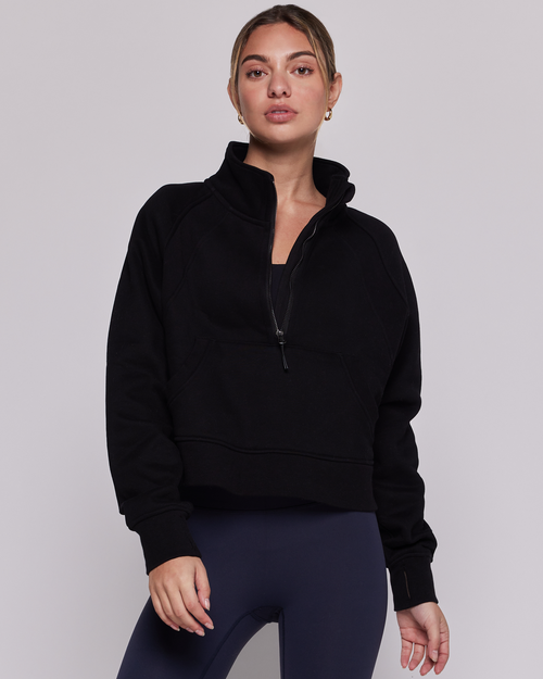 Shop Rebody Active Effortless Fleece Crop Half Zip Sweatshirt In Black