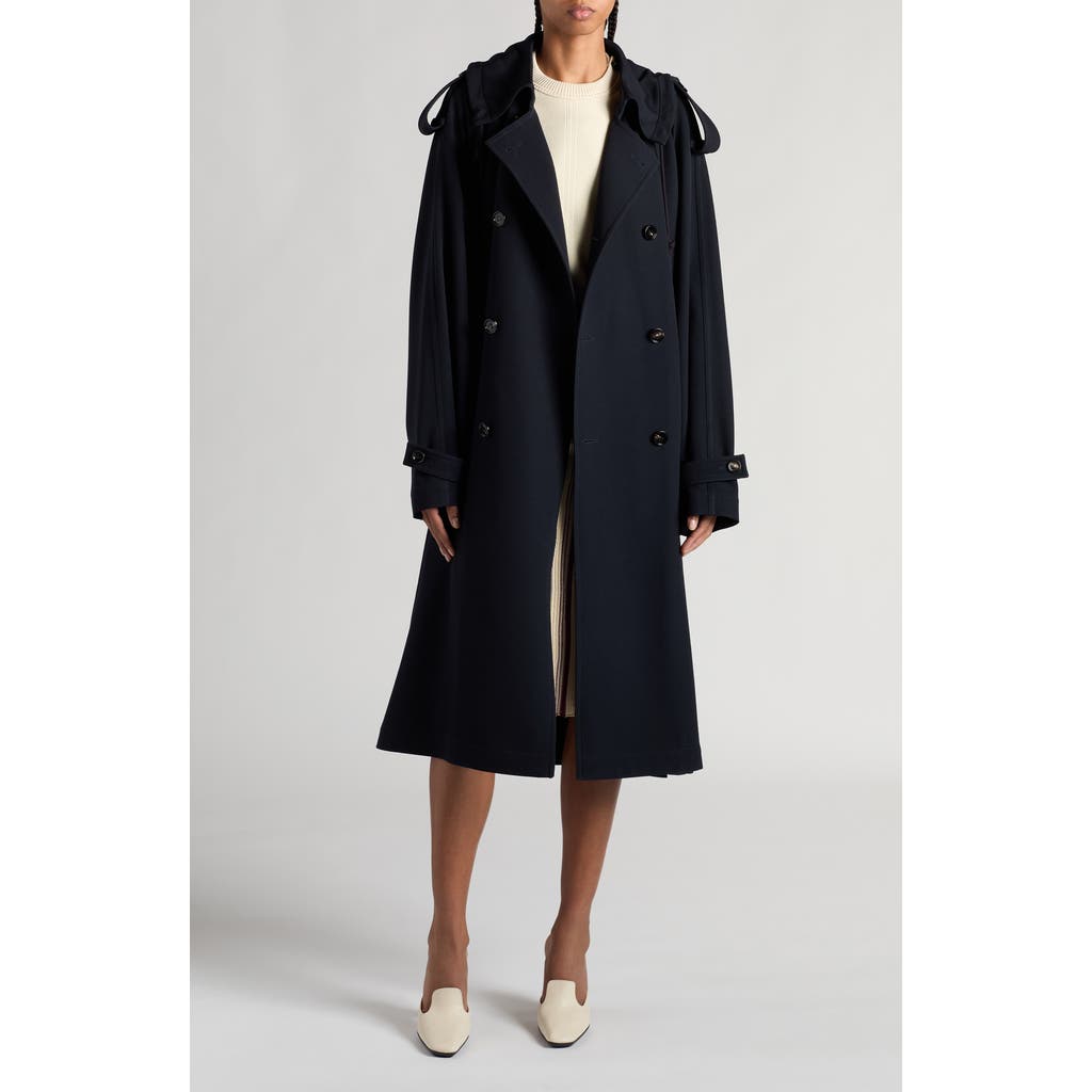 Shop Bottega Veneta Double Breasted Compact Wool Gabardine Trench Coat In 4246 Midnight Blue