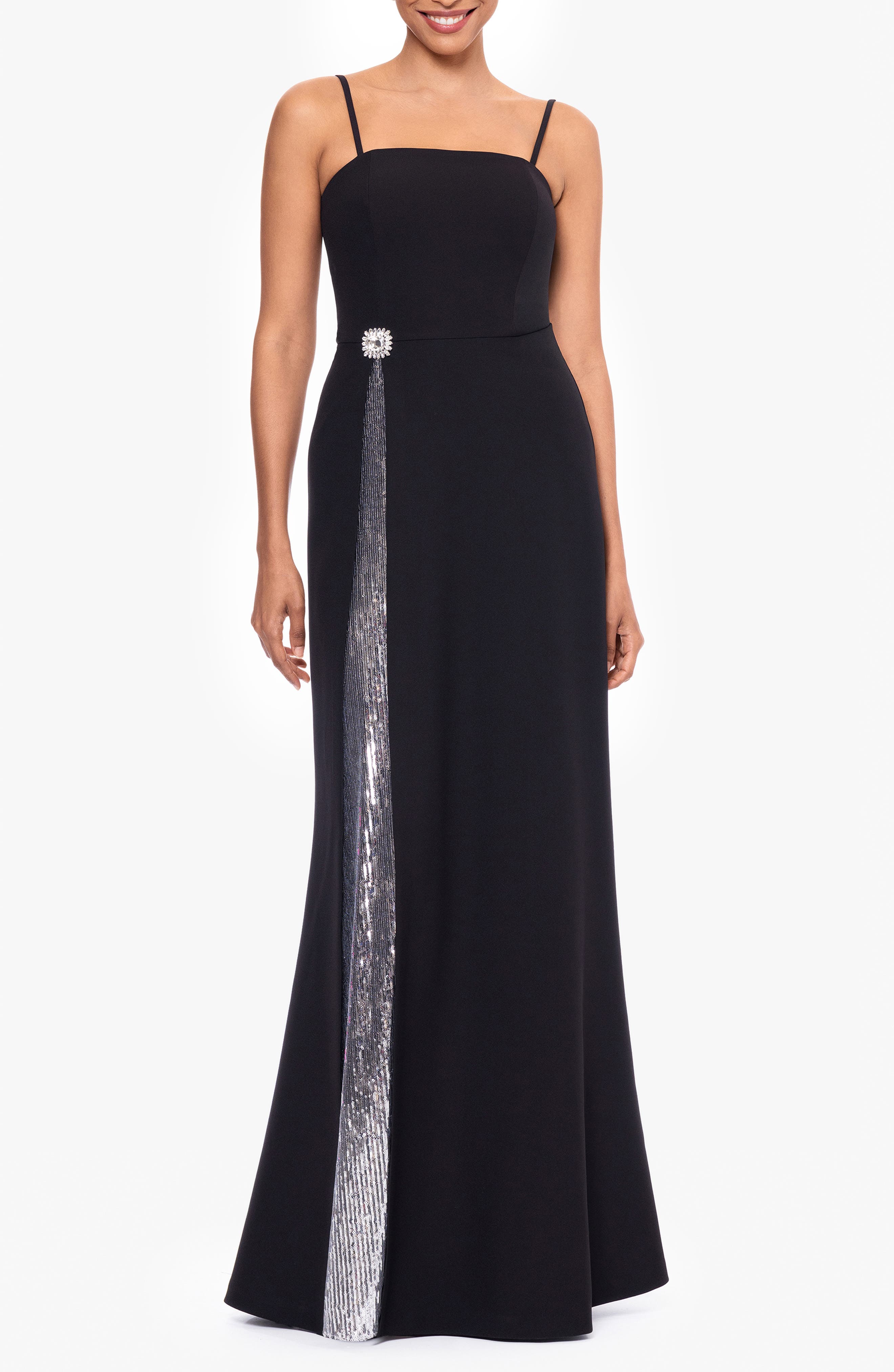 Betsy & Adam Sequin A-Line Gown in Black/Silver 