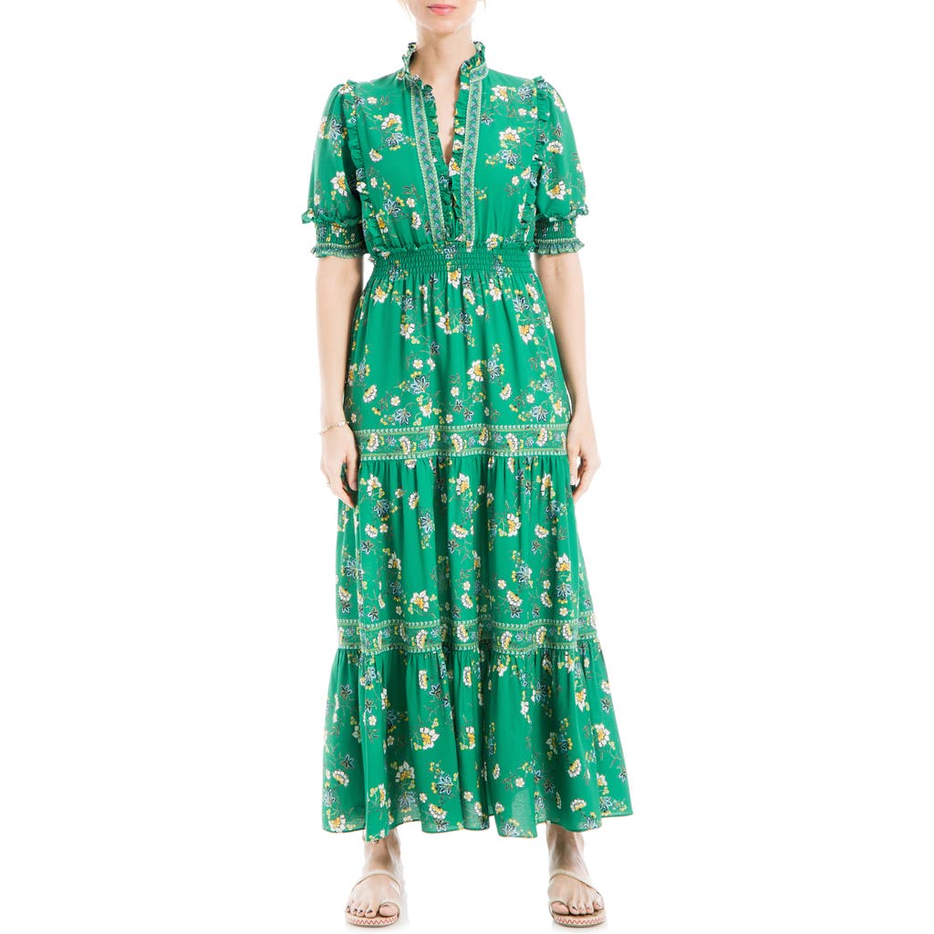 Shop Max Studio Ruffle Collar Print Tiered Maxi Dress In Green/cream Flower