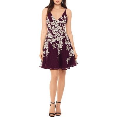 Xscape Embroidered Fit & Flare Dress, Burgundy