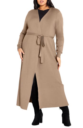 City Chic Goldie Tie Waist Cardigan In Simply Taupe