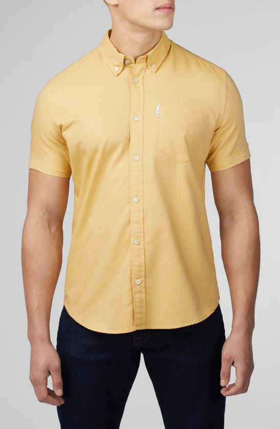 Shop Ben Sherman Signature Short Sleeve Organic Cotton Button-down Oxford Shirt In Sunflower
